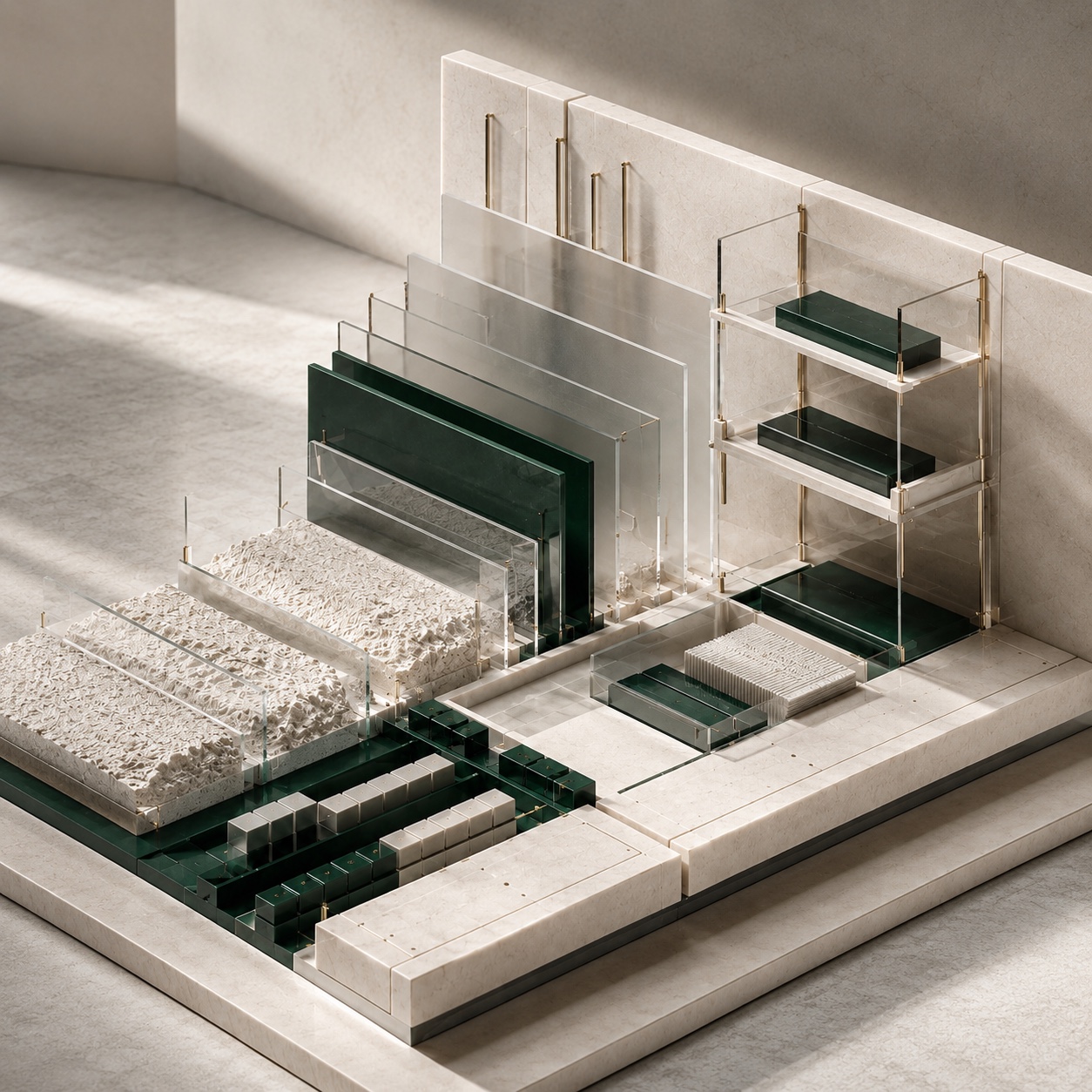 Exploded architectural model of layered glass and forest green panels on a marble base — structure taking shape.