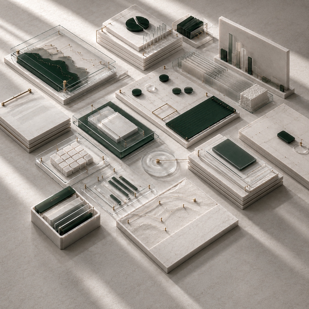 Overhead marble tableau of charts, dashboards, documents and trackers in forest green and brass — practical assets, built to use.